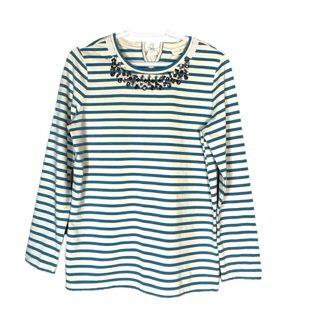 Tory Burch T-Shirt Casual Long Sleeve Blue White Striped Back Embellished Tie - Picture 3 of 13